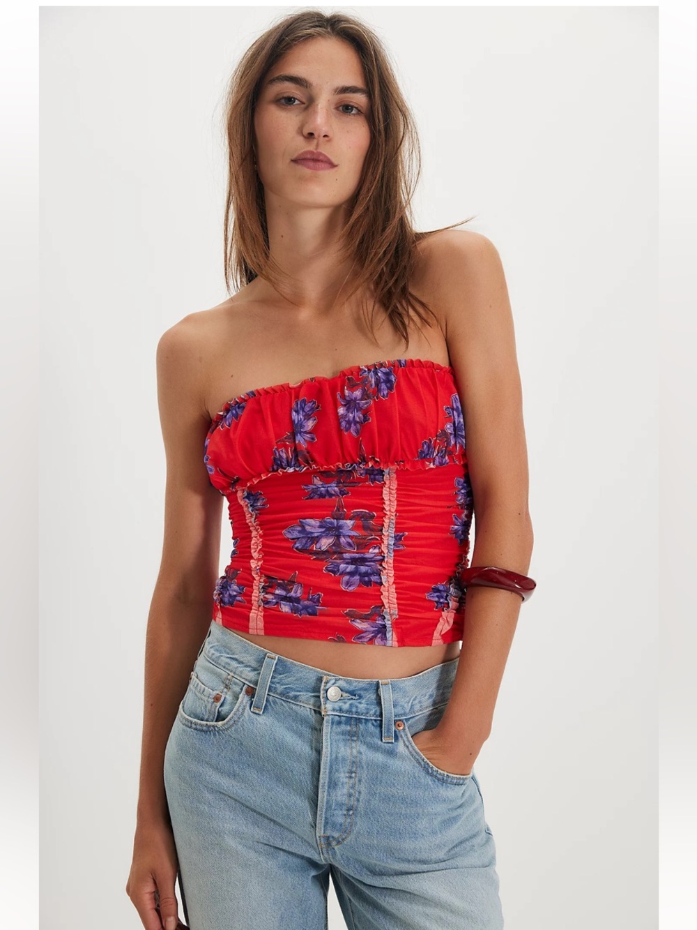 FREE PEOPLE Scottie Printed Tube Top - Hot Combo Red